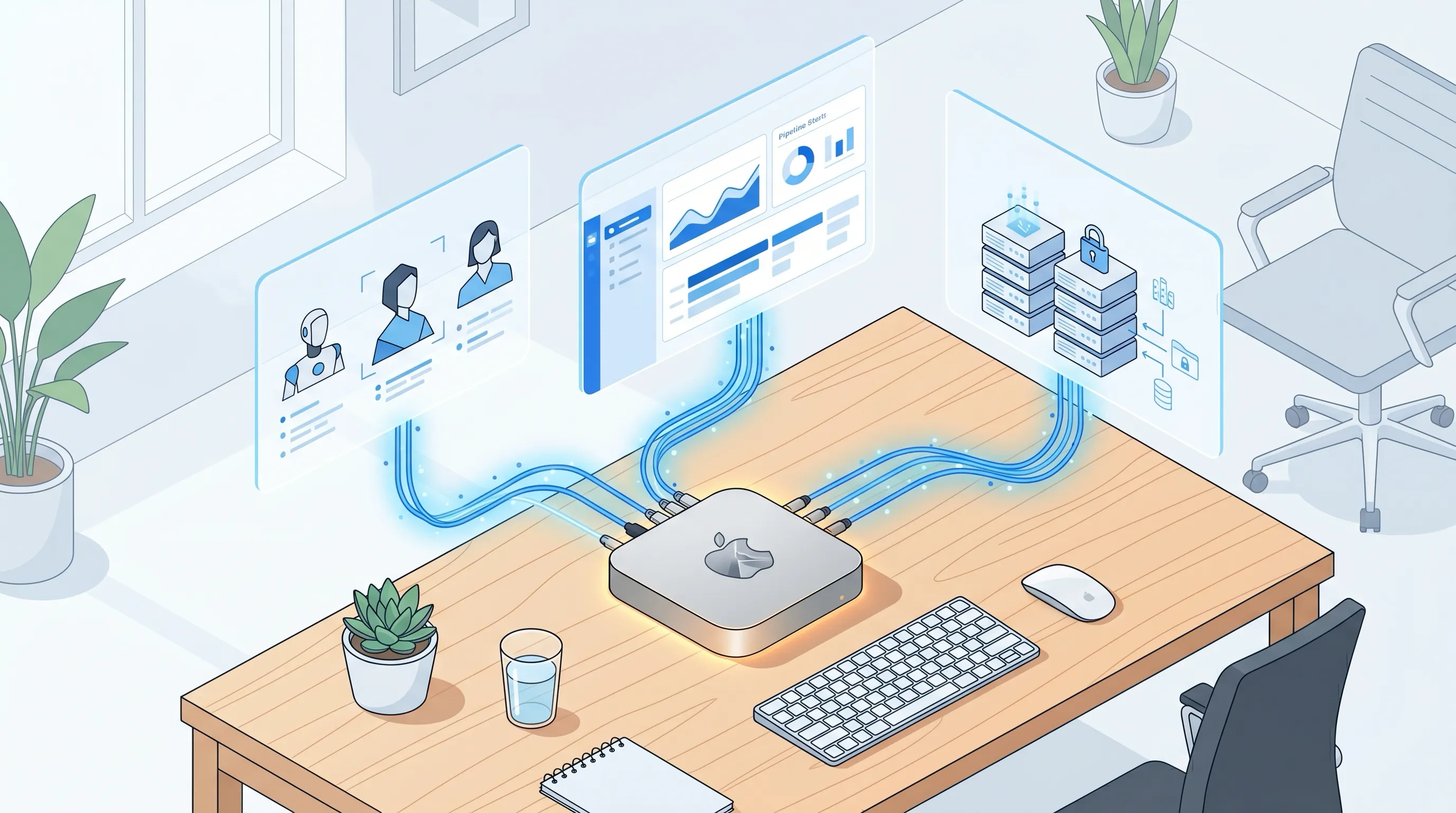 Mac Mini sur bureau avec données IA