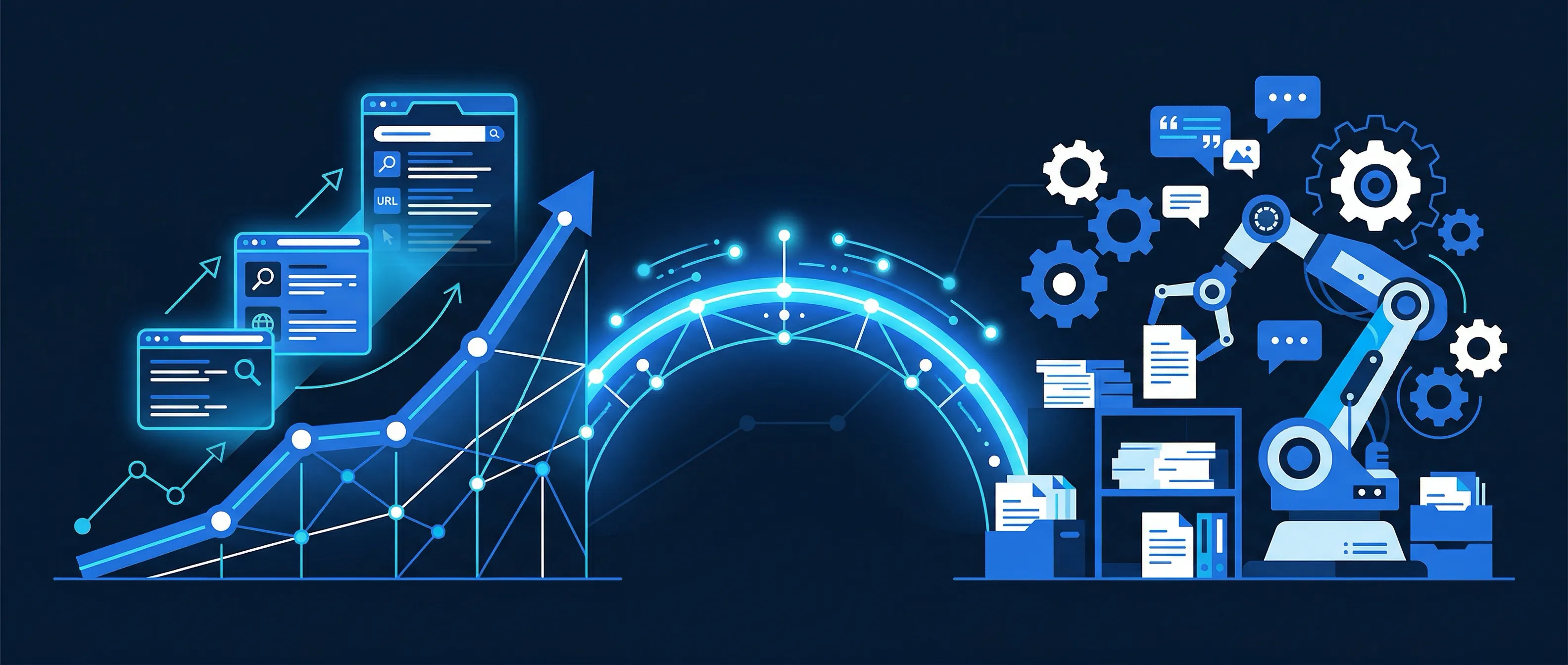 Illustration conceptuelle 21:9 connectant la visibilité SEO et la productivité IA
