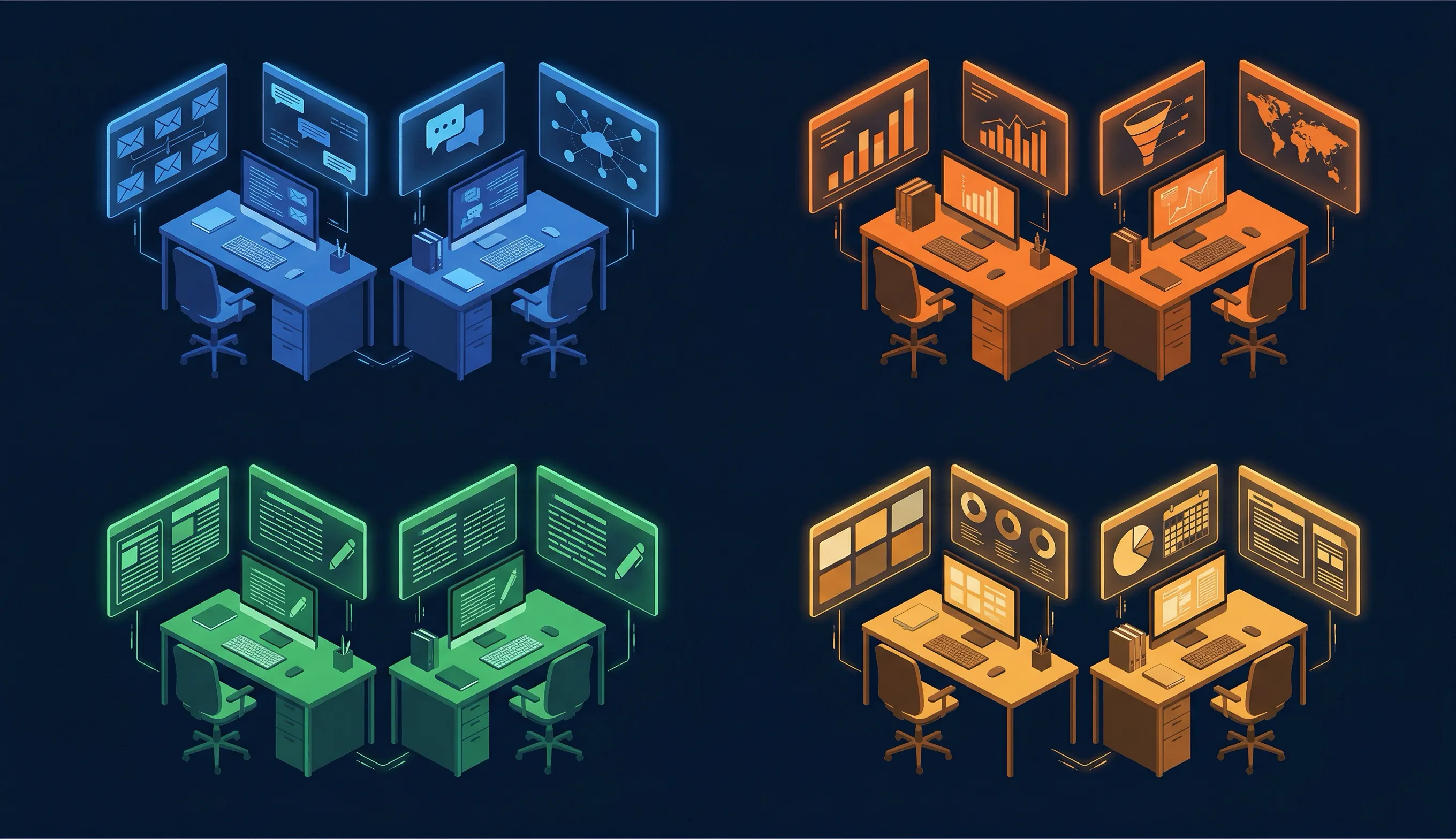 4 workstations AI isometric