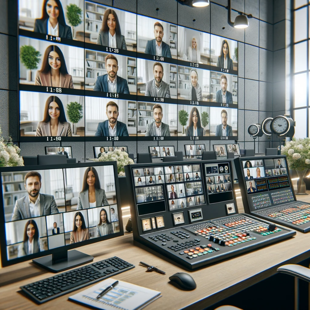 Une photo d'un espace de bureau moderne avec plusieurs écrans affichant des participants en visioconférence.