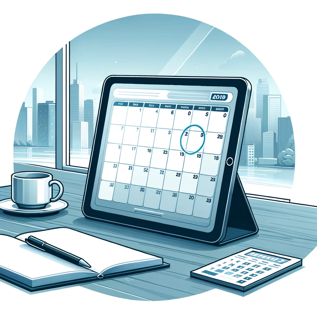 Une illustration d'un cadre de bureau moderne avec une tablette numérique sur le bureau.